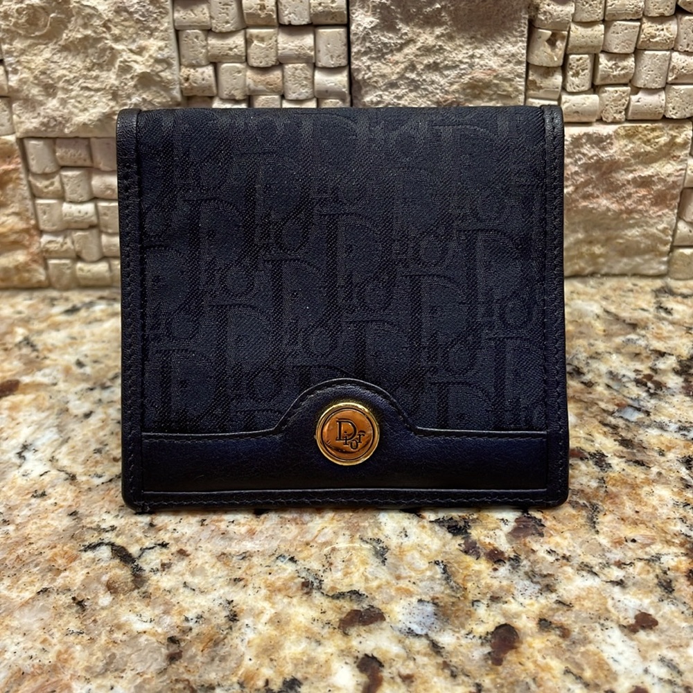 Christian Dior Vintage Black Trotter Canvas & Leather Compact Bifold Wallet